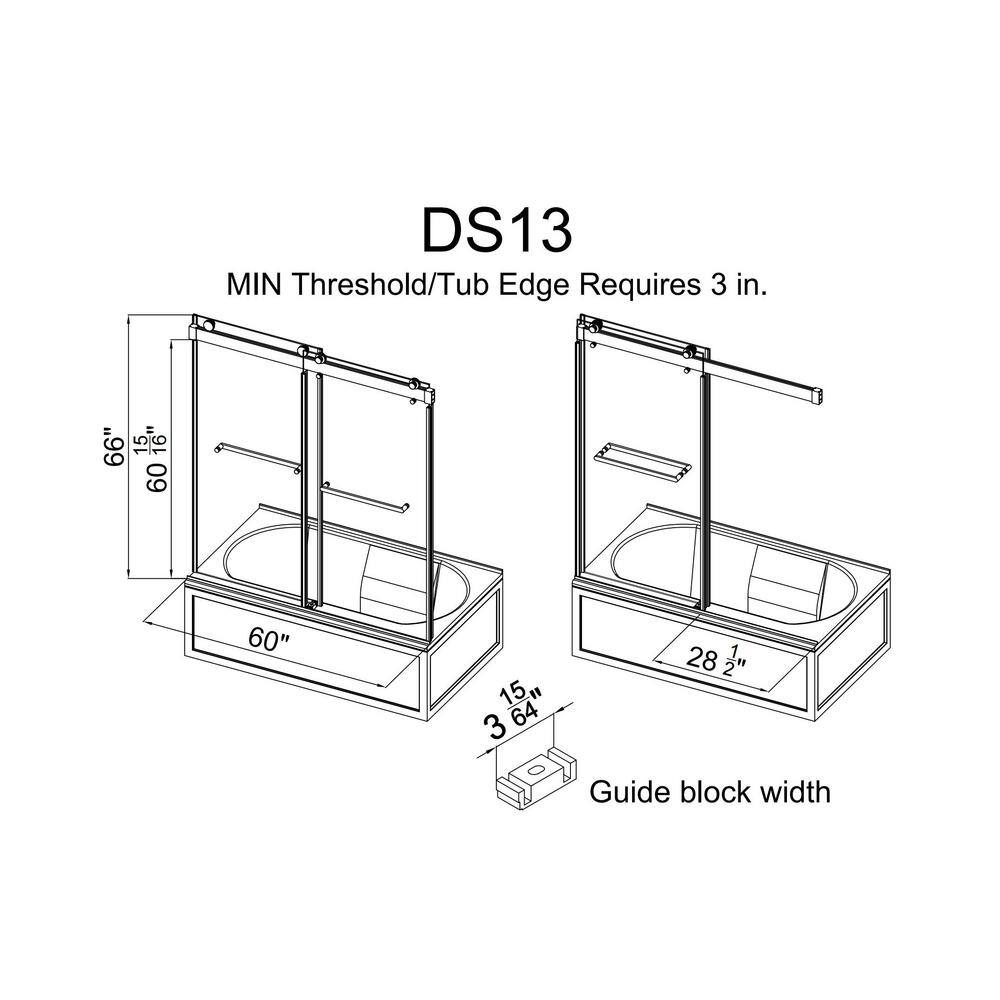 MCOCOD 60 in. W x 66 in. H Double Sliding Frameless Tub Door in Matte Black with Soft-Closing and 38 in. (10 mm) Clear Glass DS13-60x66-BL