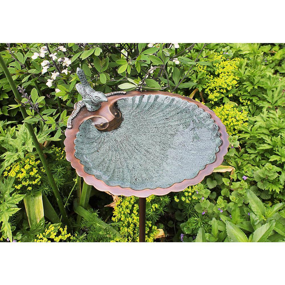 Achla Designs 11 in. Tall Antique Brass Plated Scallop Shell Birdbath and Feeder with Stake BBM-01-S