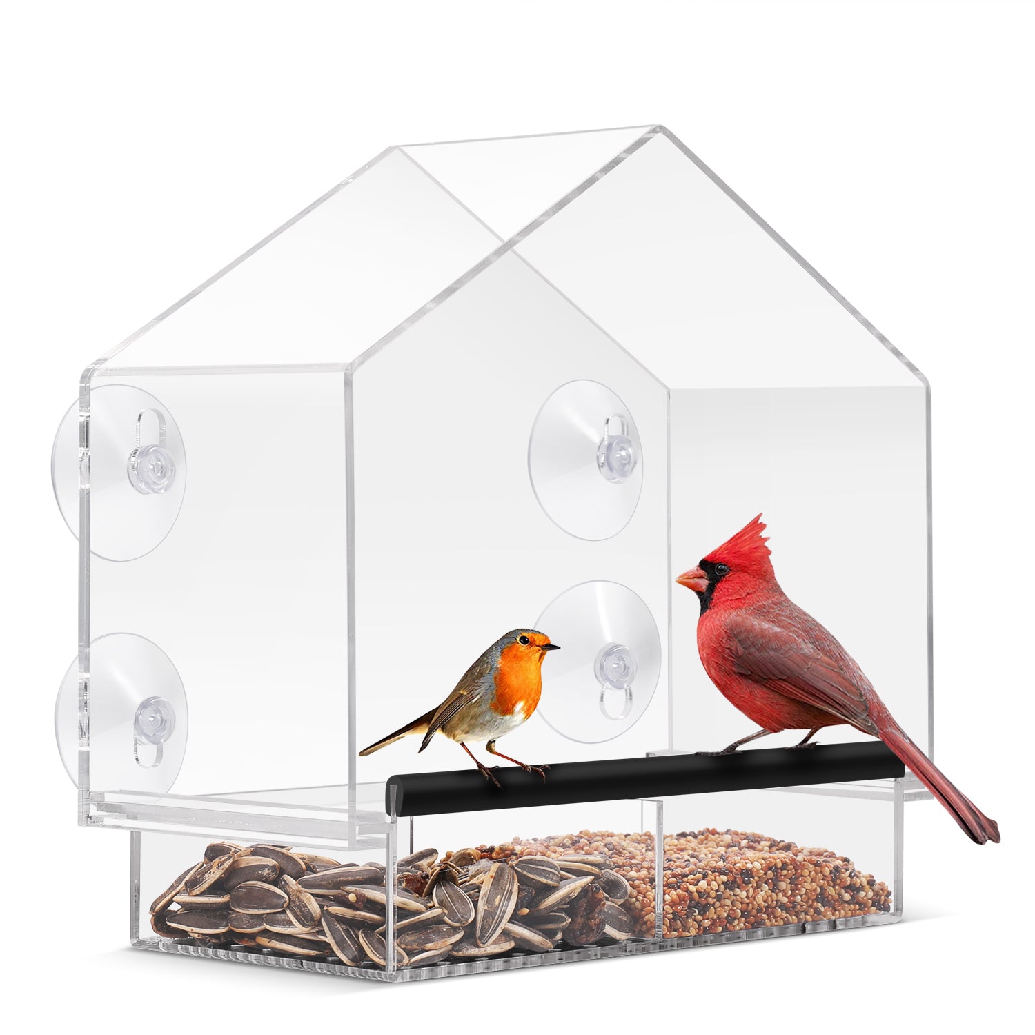 Window Bird Feeders with Strong Suction Cups， Acrylic Clear Bird House to View Large Wild Birds， Cardinal， Finch， and Chickadees， Removable Seed Tray with Drain Holes， Easy Clean， Great Gift