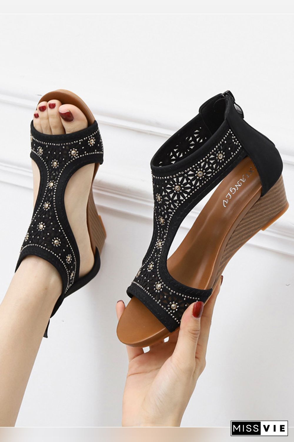 Rhinestone Hollow Out Wedge Sandals Wholesale