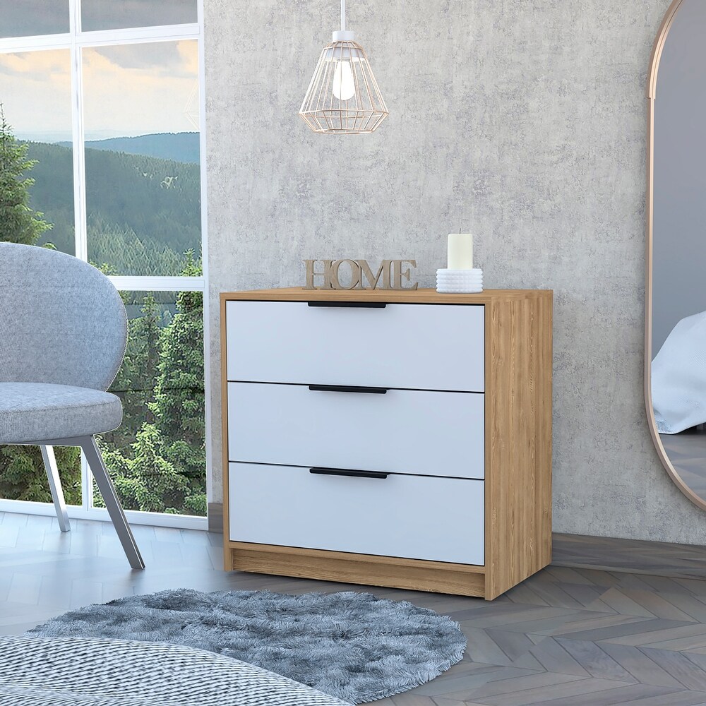 Pinewood 3 Drawers Dresser  Light Oak Frame with White Drawers and Superior Top for Living Room  Bedroom