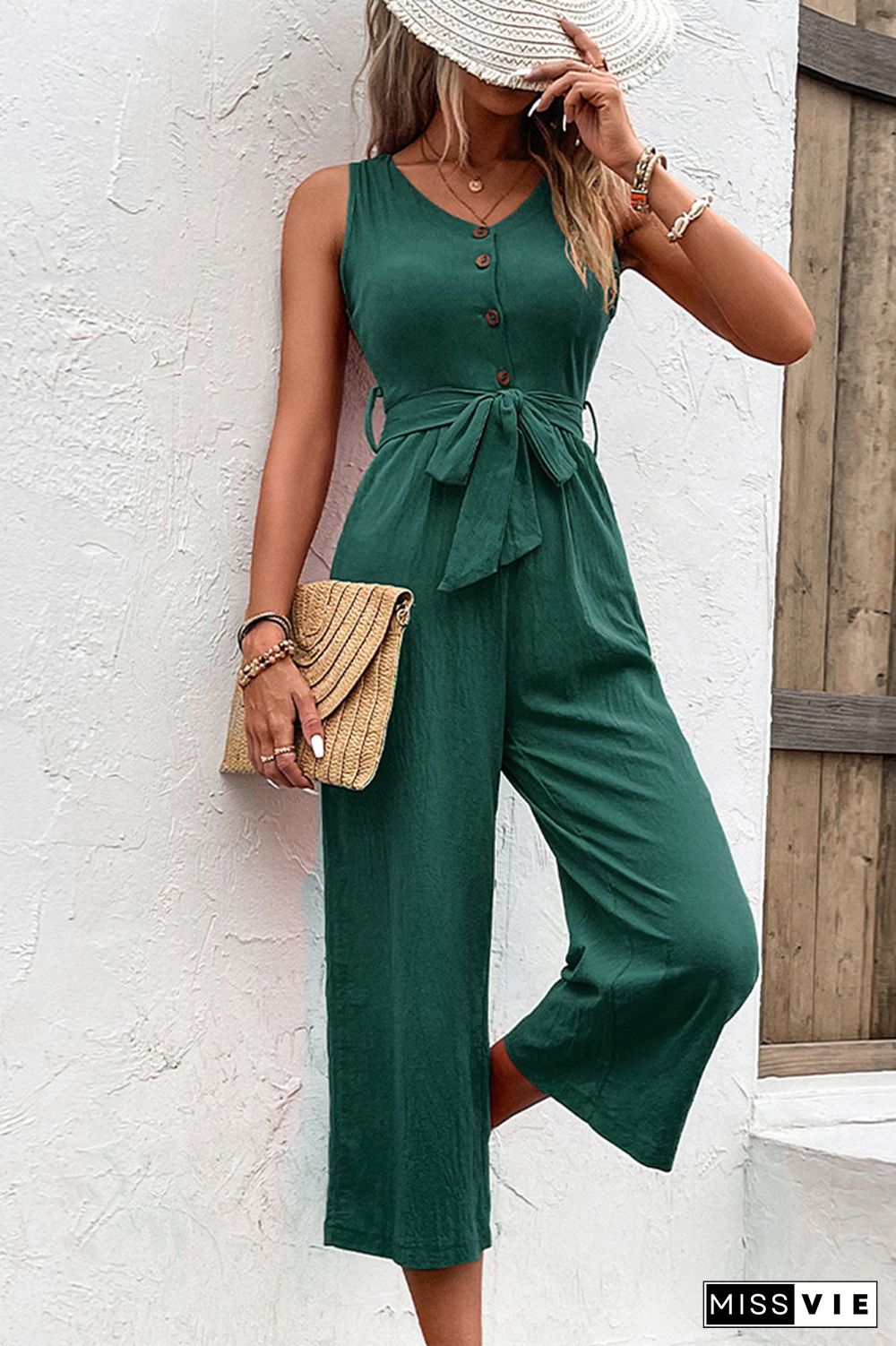 Plain V Neck Buttoned Wide Leg Jumpsuit With Sash