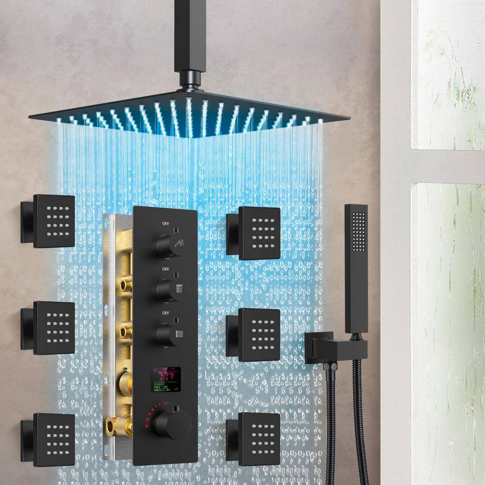 GRANDJOY LED Temperature Thermostatic Valve 7-Spray Ceiling Mount 12 in. Fixed and Handheld Shower Head 2.5 GPM in Matte Black GJSFS-1026-BK12