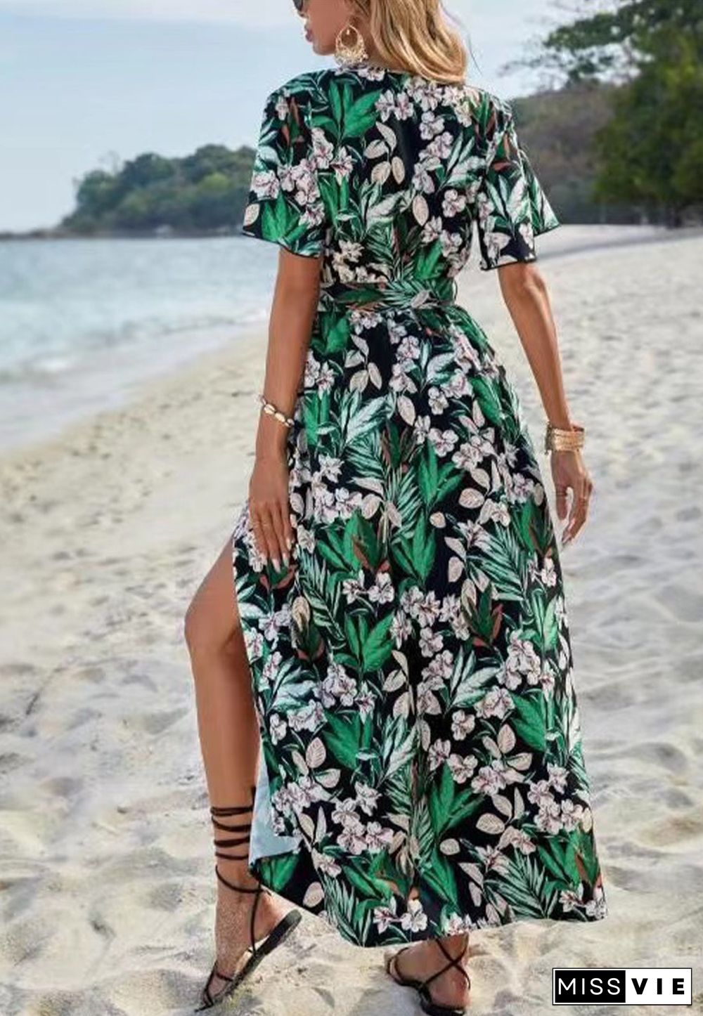 Tropical Floral Print Slit Dress