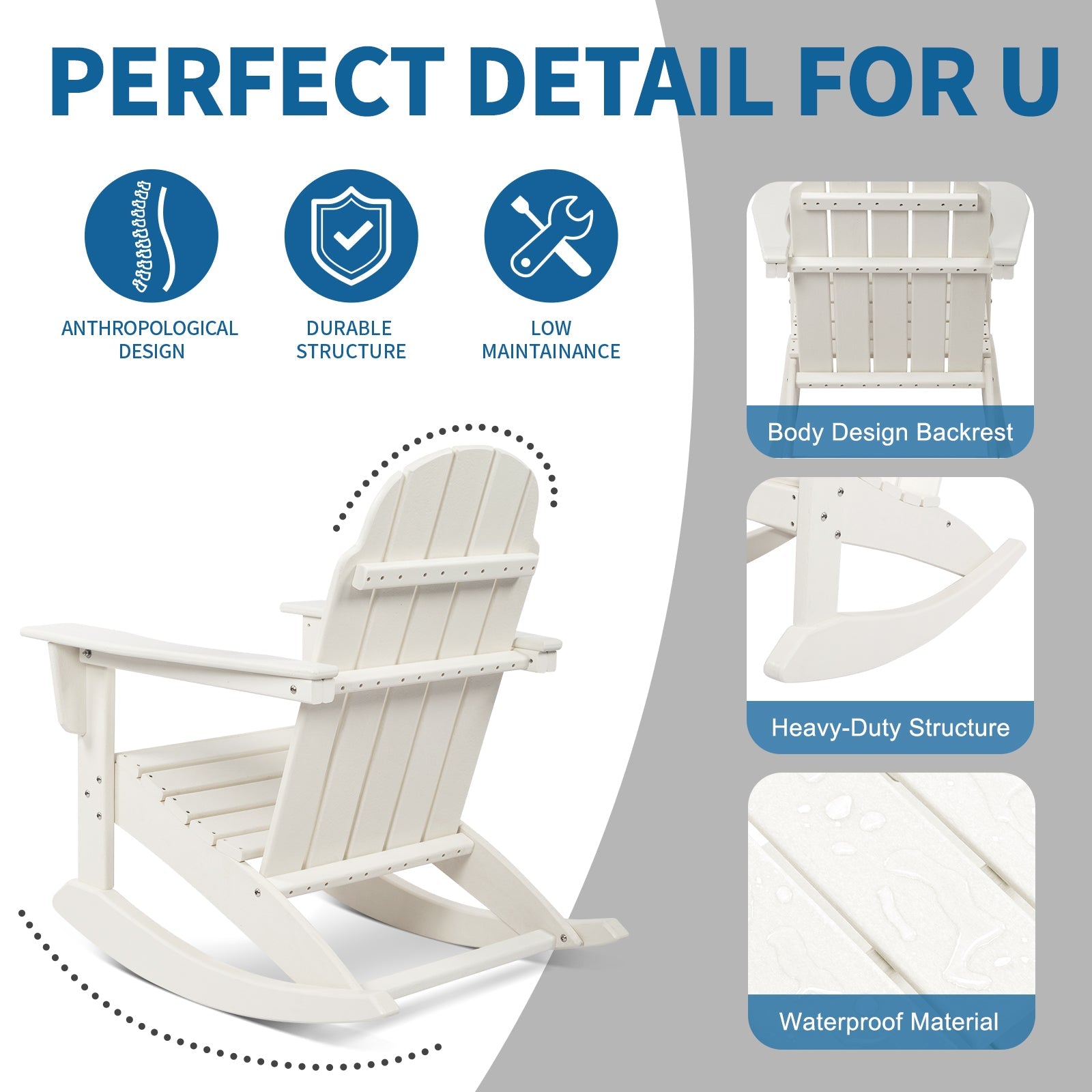 VINGLI Outdoor Rocking Chair, Plastic Adirondack Chair HDPE, 100% Recyclable Waterproof, for Pool Patio Lawn, White