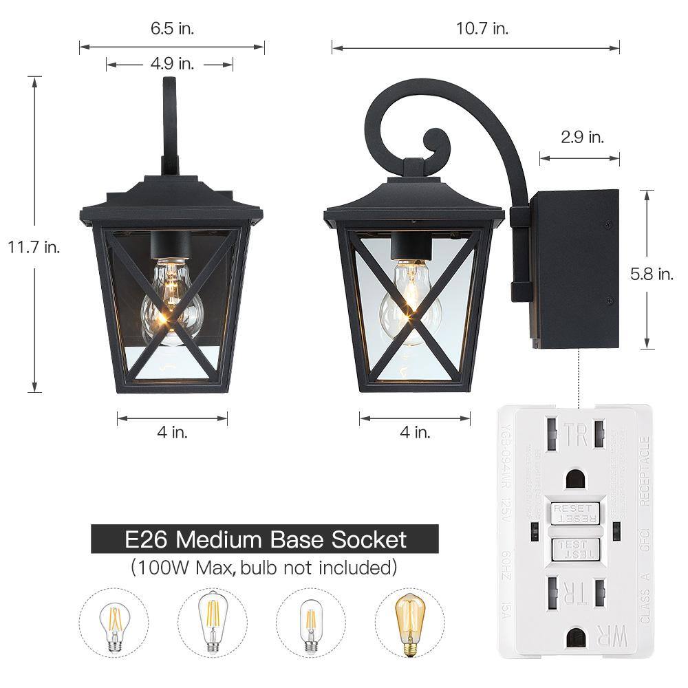 TRUE FINE Glendale 1-Light Black Hardwired Outdoor Wall Lantern Sconce with Built-In GFCI Outlets TD20016OT