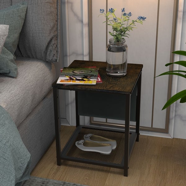 Side Table with Storage Bag， Square End Table with Grid storage rack， Sofa Table for Living Room， Bedroom， Small Spaces