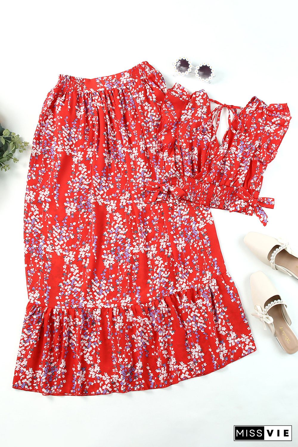 Red Multicolor Floral Ruffled Crop Top and Maxi Skirt Set