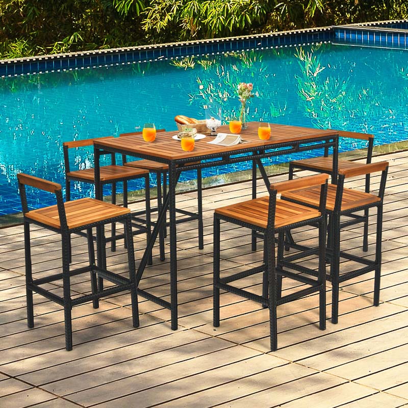 7 Pcs Acacia Wood Rattan Wicker Outdoor Patio Bar Set Dining Table Set with 1.9'' Umbrella Hole & 6 Bar Stools