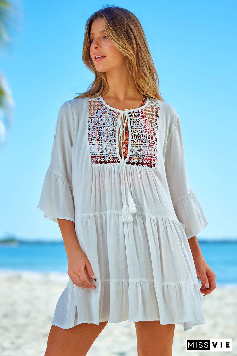 White Lace Panel Tie V Neck Beach Cover-up