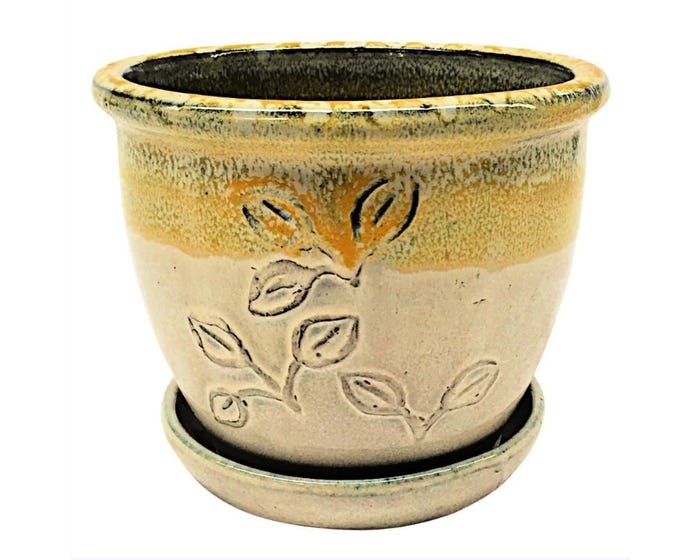 Embossed Planter with Attached Saucer， Yellow Cream， Large - R358YCL