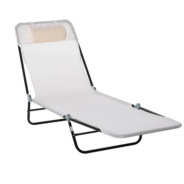 Outsunny Foldable Outdoor Chaise Lounge Chair 5 level Reclining Camping Tanning Chair With Breathable Mesh Fabric And Headrest Cream White