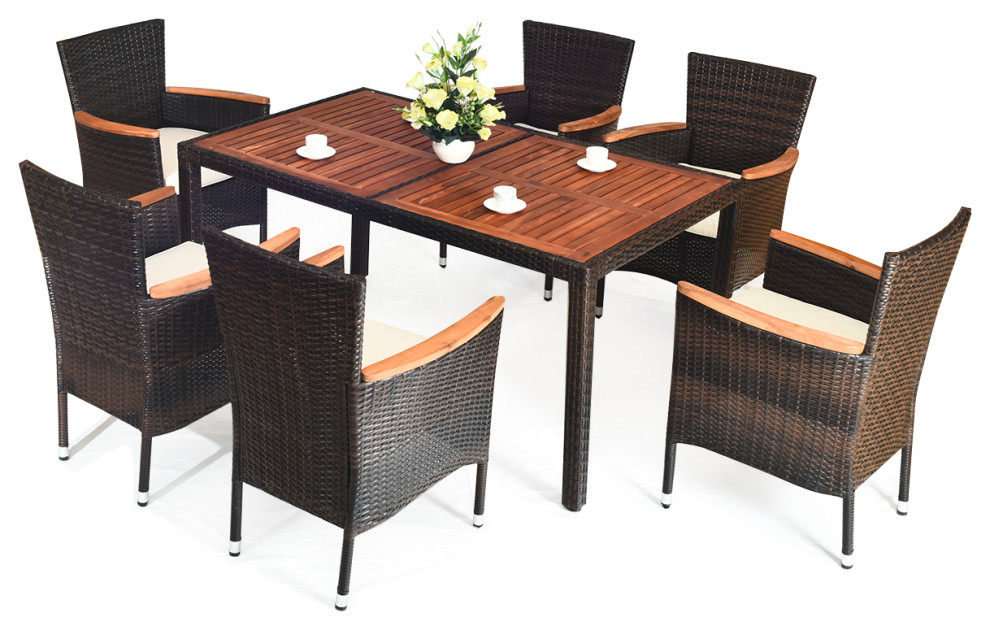 Costway 7PCS Patio Rattan Dining Set 6 Stackable Chairs Cushioned   Tropical   Outdoor Dining Sets   by Costway INC.  Houzz