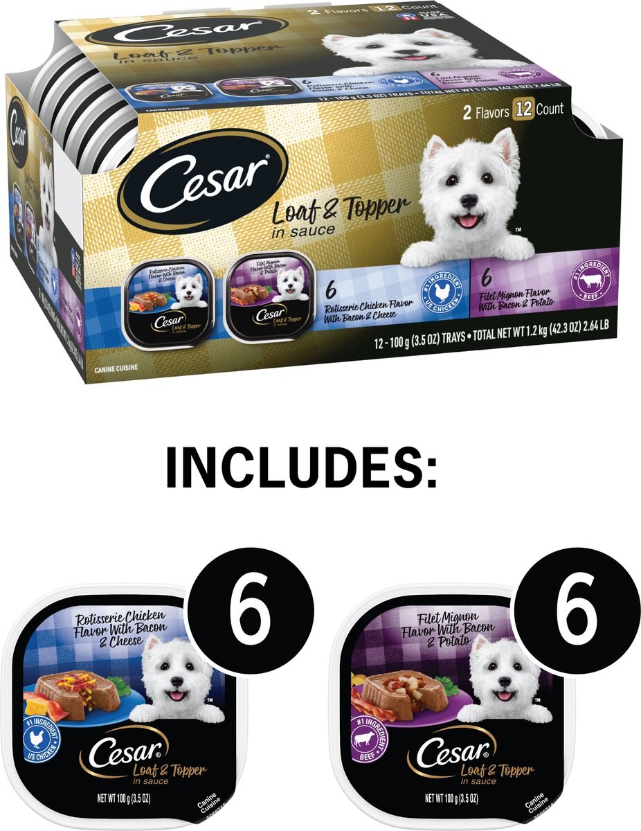 Cesar Loaf in Sauce Rotisserie Chicken and Filet Mignon Flavors Variety Pack Dog Food Trays