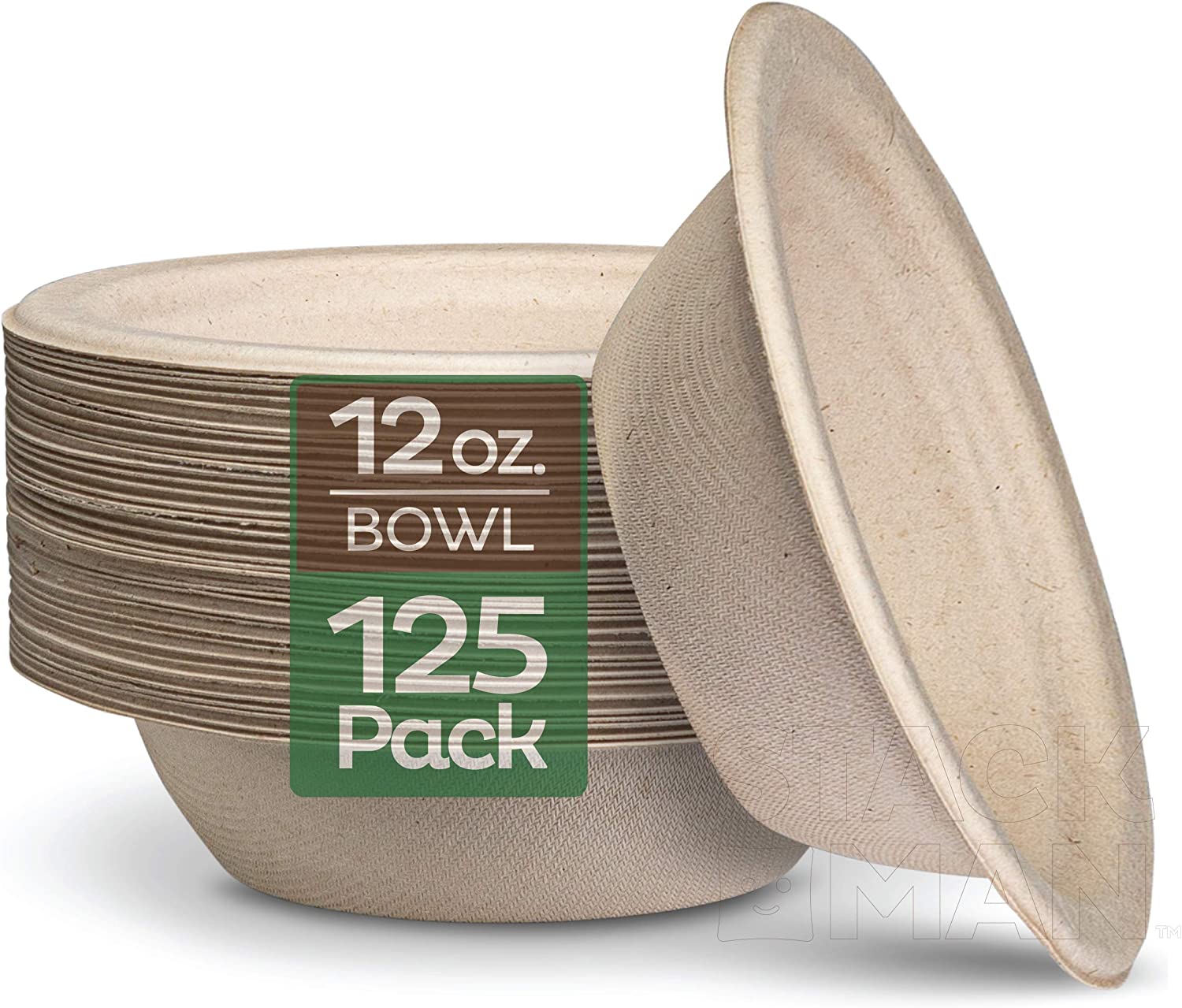 Stack Man 100% Compostable 12 oz. Paper Bowls [125-Pack] Heavy-Duty Quality Natural Disposable Bagasse