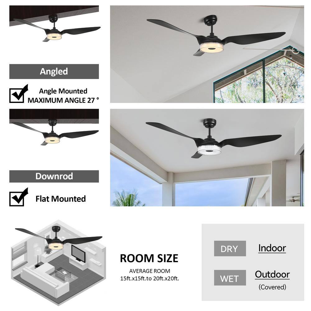 CARRO Finley 60 in. Dimmable LED IndoorOutdoor Black Smart Ceiling Fan Light and Remote Works with AlexaGoogle HomeSiri NS603F-L13-B2