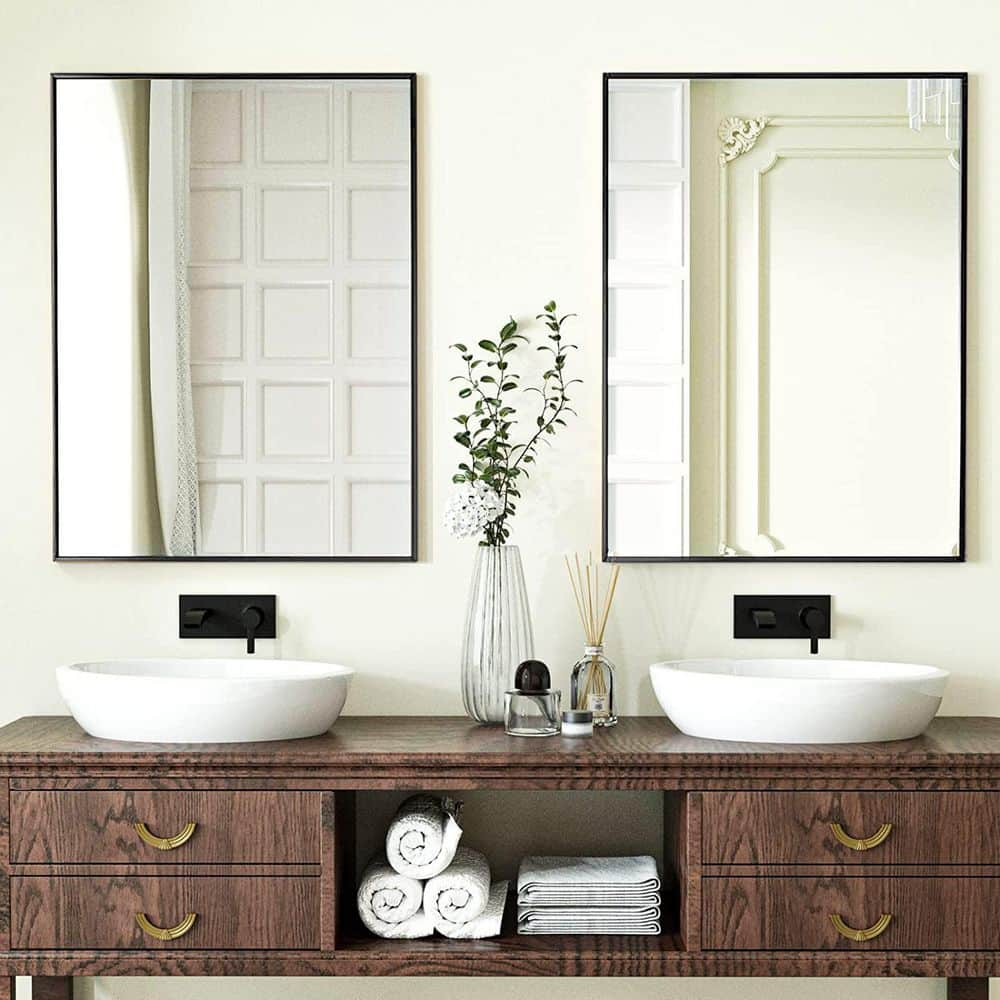 XRAMFY 26 in. W x 38 in. H Rectangular Aluminum Alloy Framed Black Wall Mirror BRTSC2638-BLACK