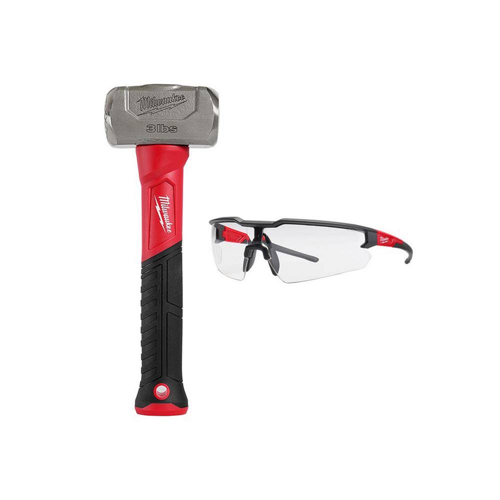 MW 3 lbs. Fiberglass Drilling Hammer and Clear Safety Glasses Anti-Scratch Lenses 48-22-9310-48-73-2010