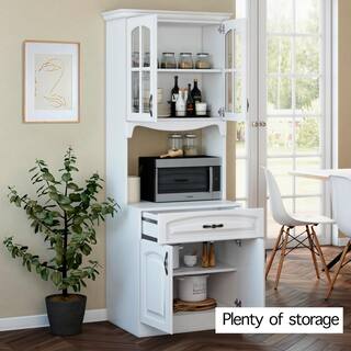 LIVING SKOG Galiano 73 in. White Kitchen Pantry Storage Cabinet Buffet with Hutch For Microwave with Drawer P7