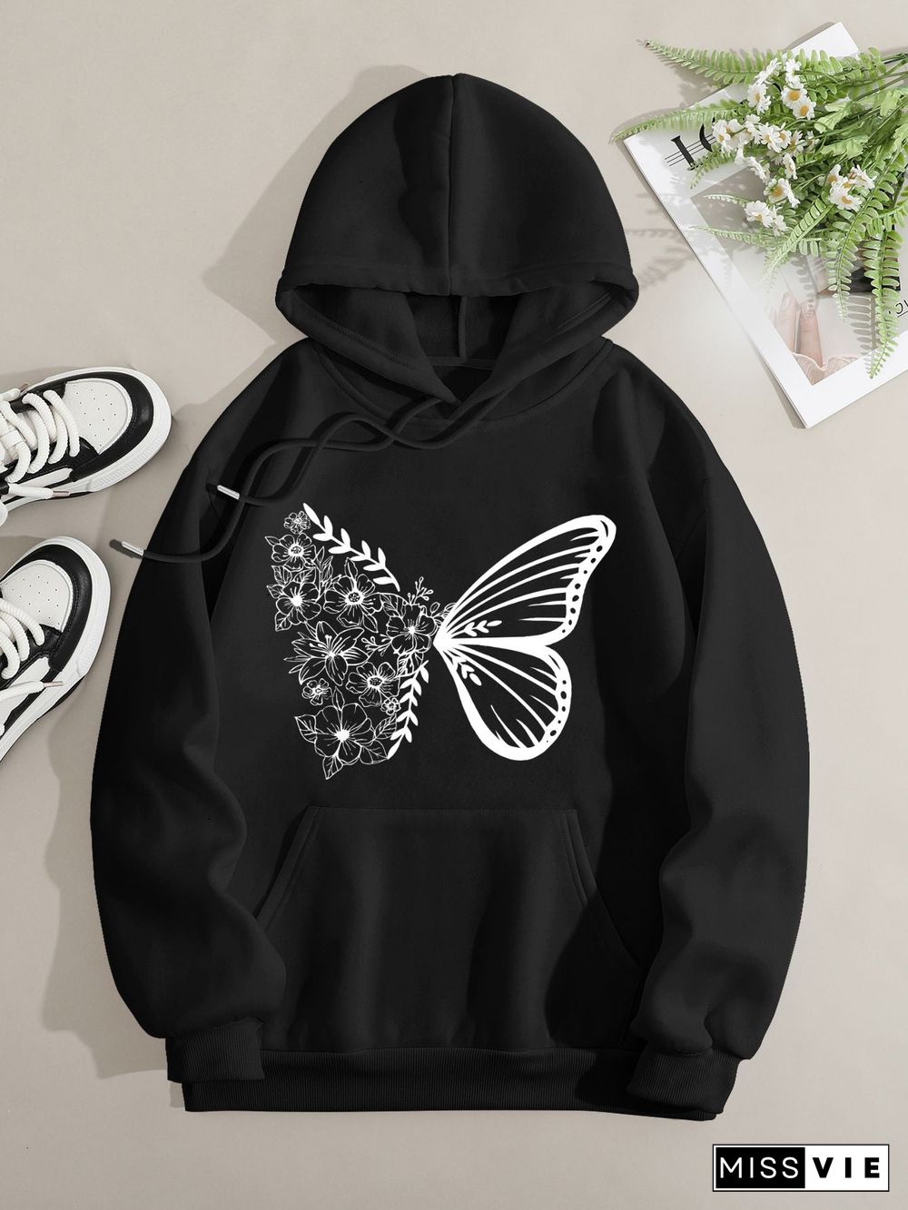 Printed on front Kangaroo Pocket Hoodie Long Sleeve for Women Pattern Butterfly