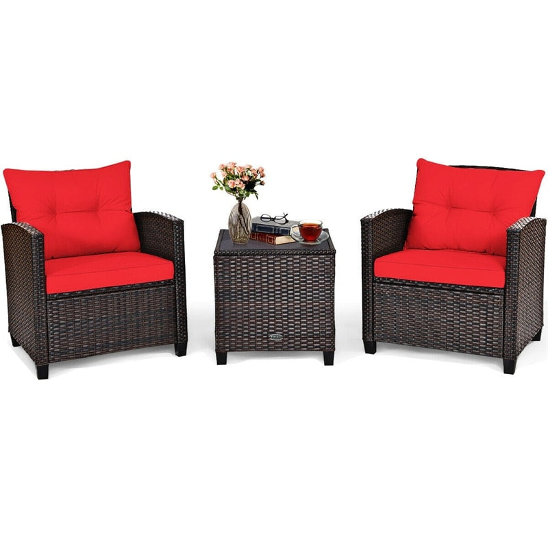 3 Pcs Rattan Patio Conversation Set Outdoor Wicker Sofa Set with Washable Cushions & Coffee Table