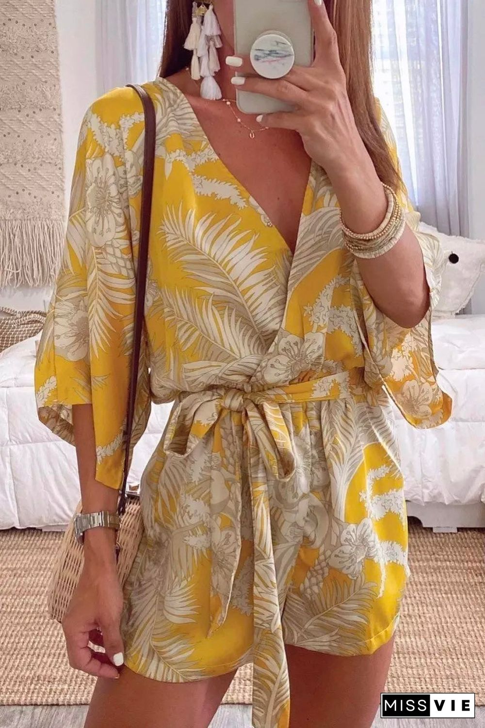 Lace-up Plants Print Yellow One-piece Romper