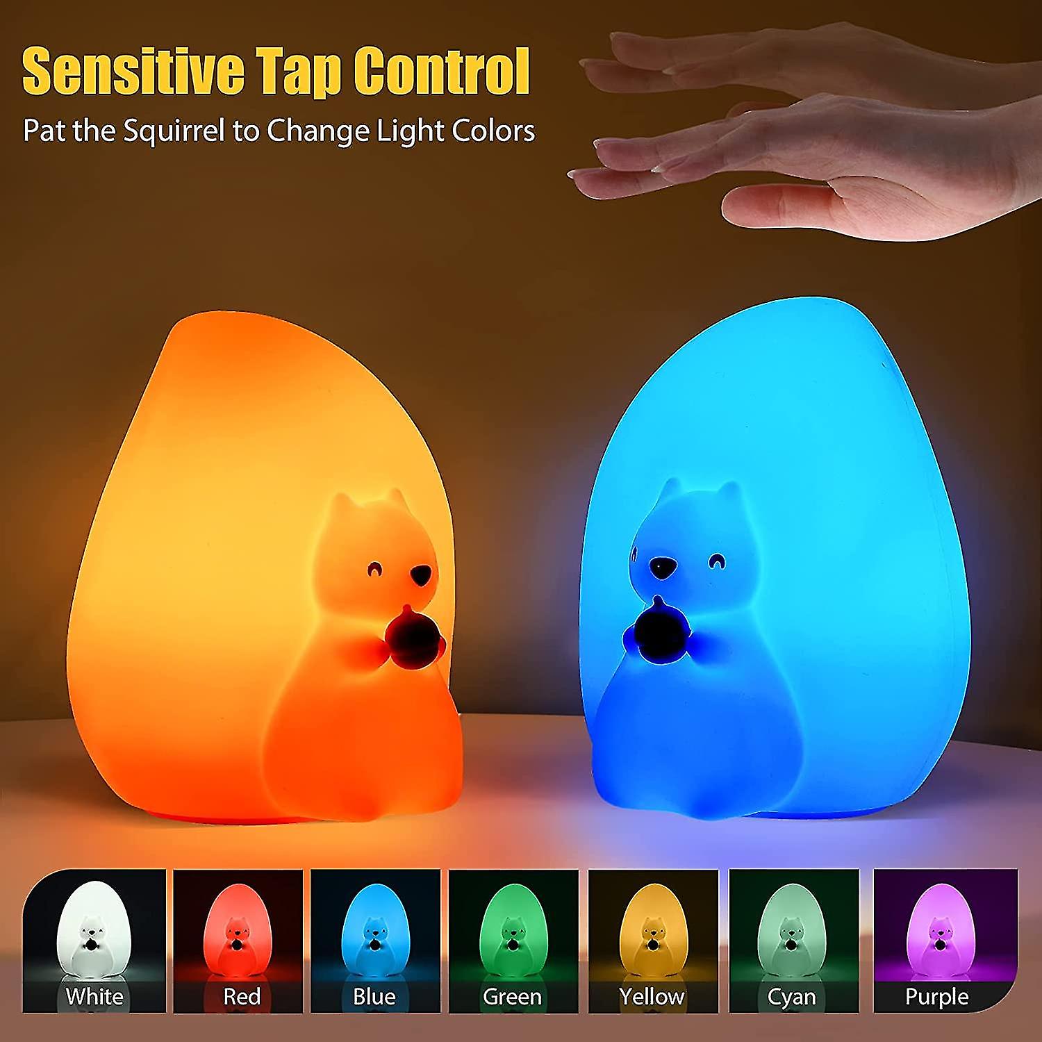 Squirrel Kids Night Light， Cute Silicone Baby Night Light With Touch Control， Squishy Portable Rechargeable Led Animal Nusery