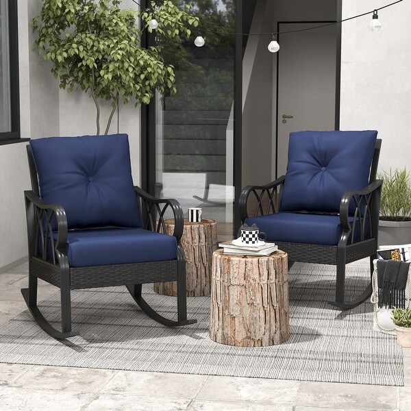 Outsunny 2 Piece Outdoor Wicker Rocking Chairs with Padded Cushions，Aluminum Furniture Rattan Porch Rocker Chairs w/ Armrest