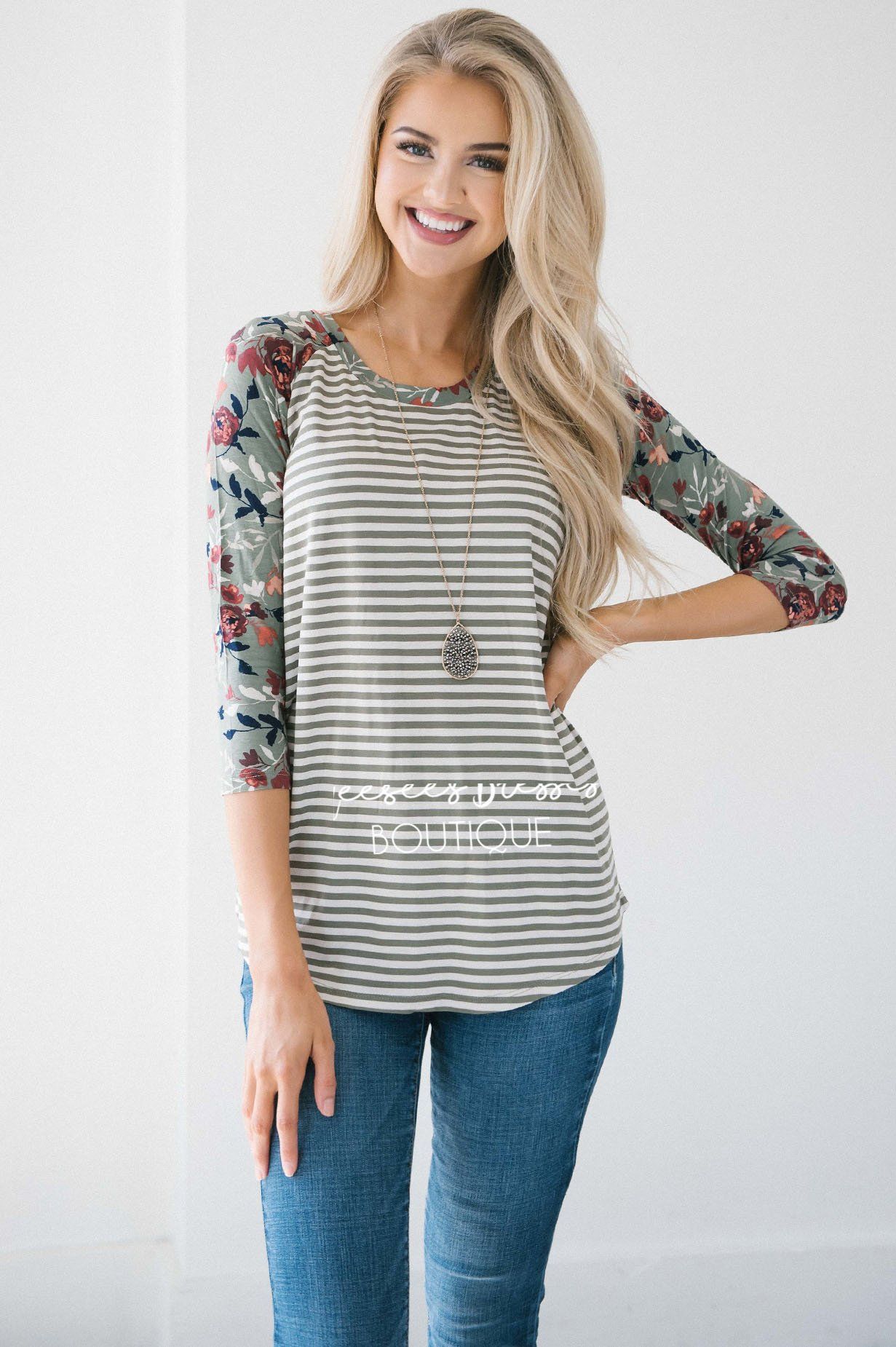 Olive Stripes Floral Sleeve Baseball Tee