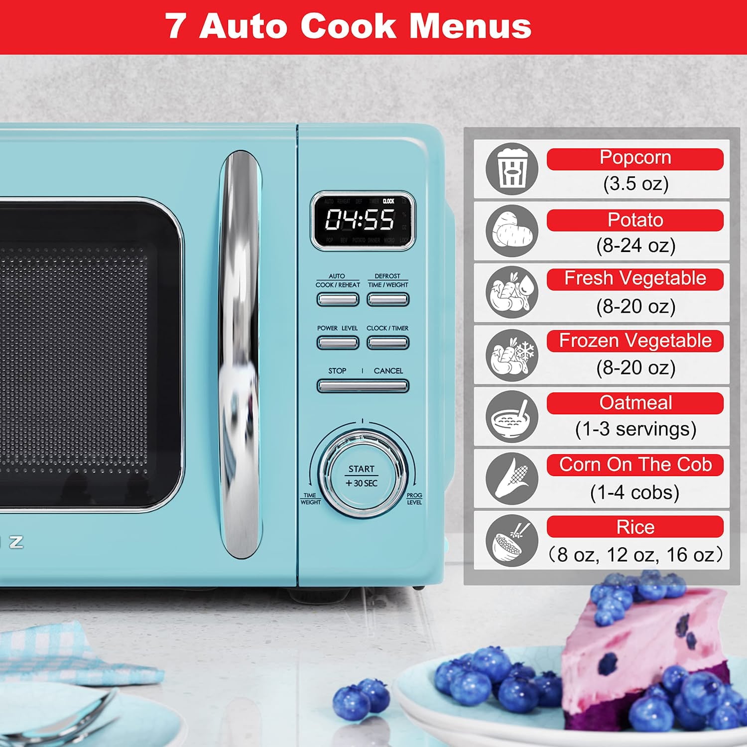 Galanz Retro Countertop Microwave Oven with Auto Cook & Reheat, Defrost, Quick Start Functions, Easy Clean with Glass Turntable, Pull Handle, .9 cu ft, Blue