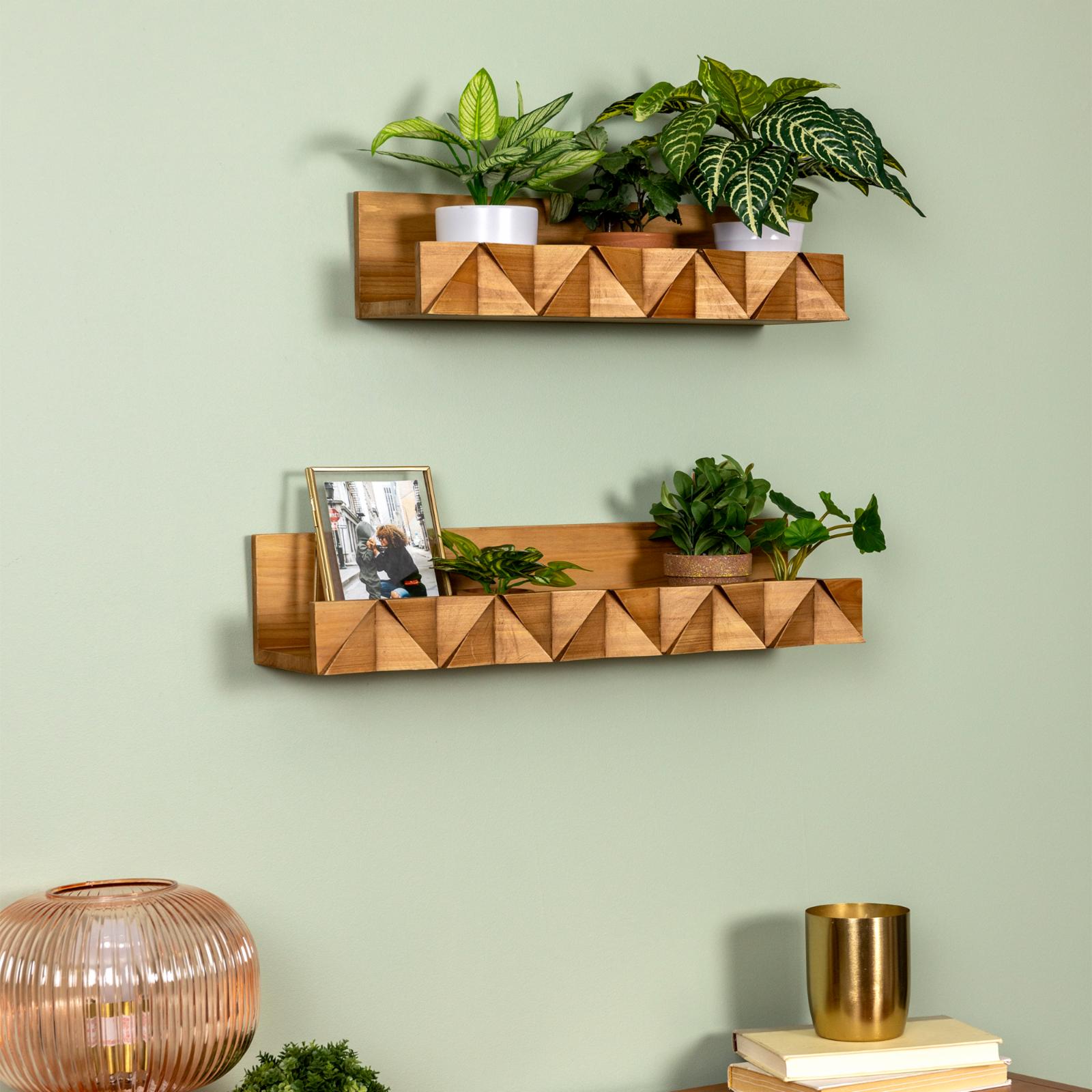 Stratton Home Decor Boho Textured Natural Wood Floating Wall Shelf, 2 Count