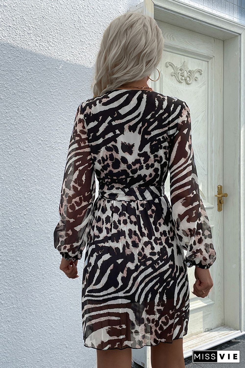 Leopard Print V-neck Long Sleeve Dress Wholesale