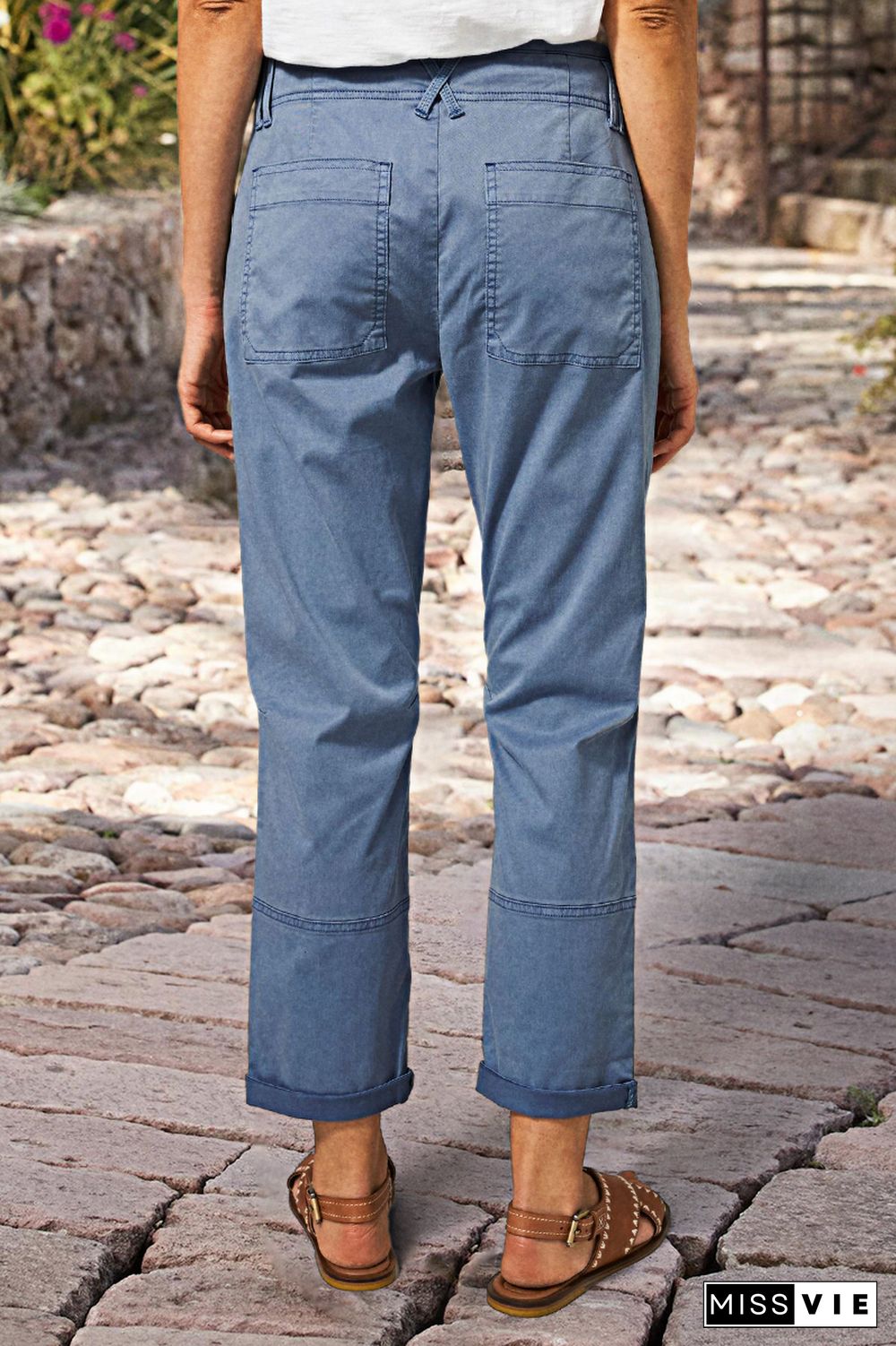 Double Button Mid Waist Straight Leg Pants