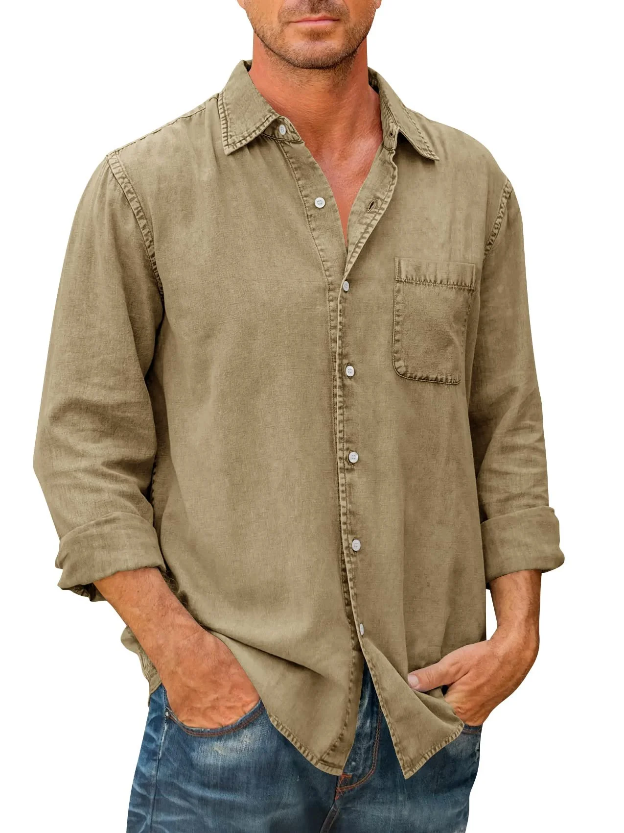 🔥Mens Denim Long Sleeve Button Down Shirt