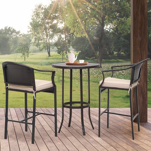 3-Piece Outdoor Wicker Patio Bar Stools with Table Set - Overstock - 35738808