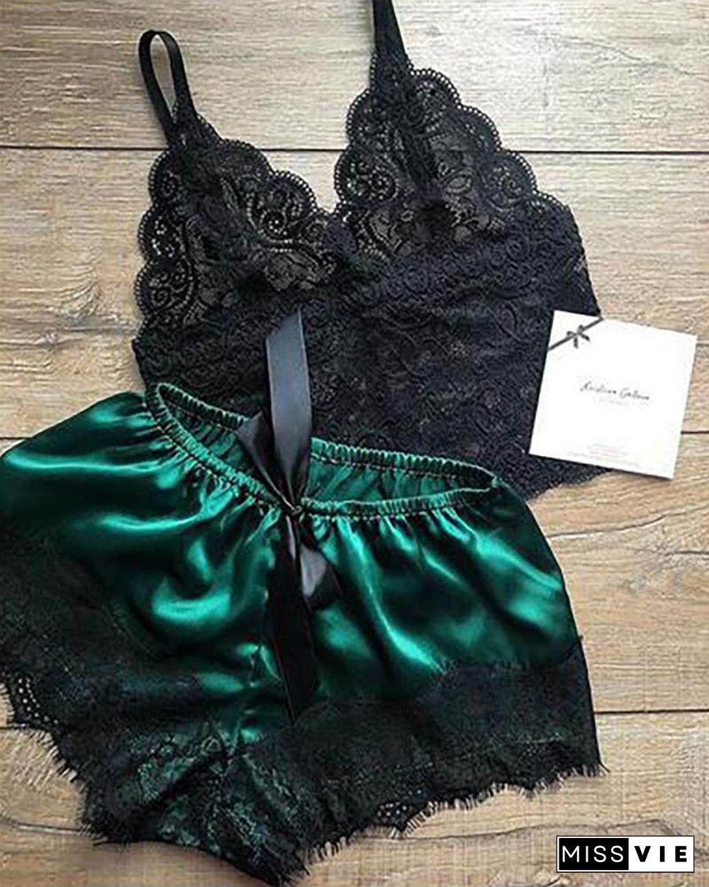 Eyelash Crochet Lace Satin Bowknot Cami Set