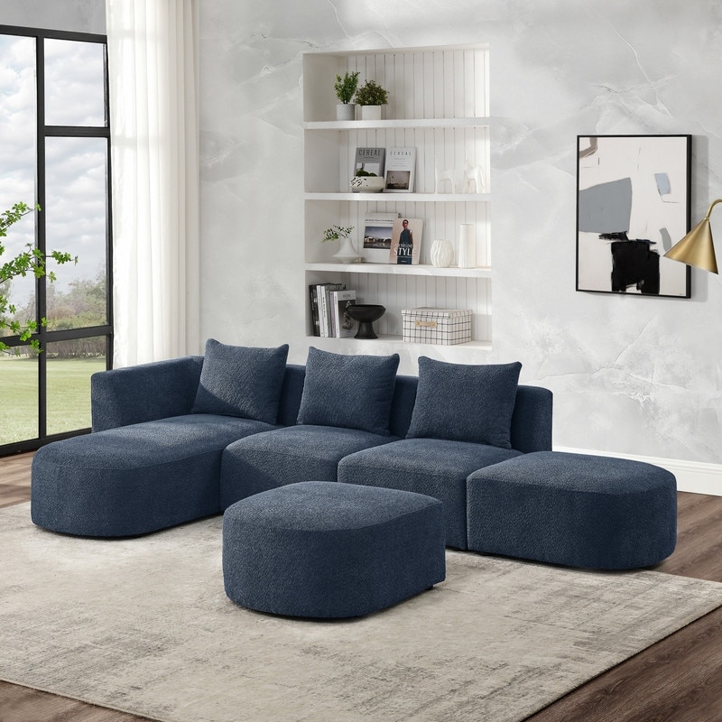 Modular Sectional Sofa  4 Seat Sofa Loop Yarn Fabric L Shaped Couch with Left/Right Chaise and Ottoman for Living Room Bedroom