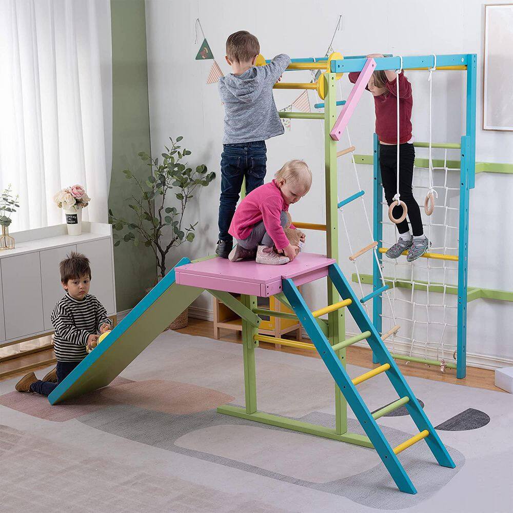 Avenlur Avenlur Grove Indoor Wooden Jungle Gym Monkey Bars and Rope Wall Net Ladder Climber Slide Ring Set - Colorful WD-GYM-CLR