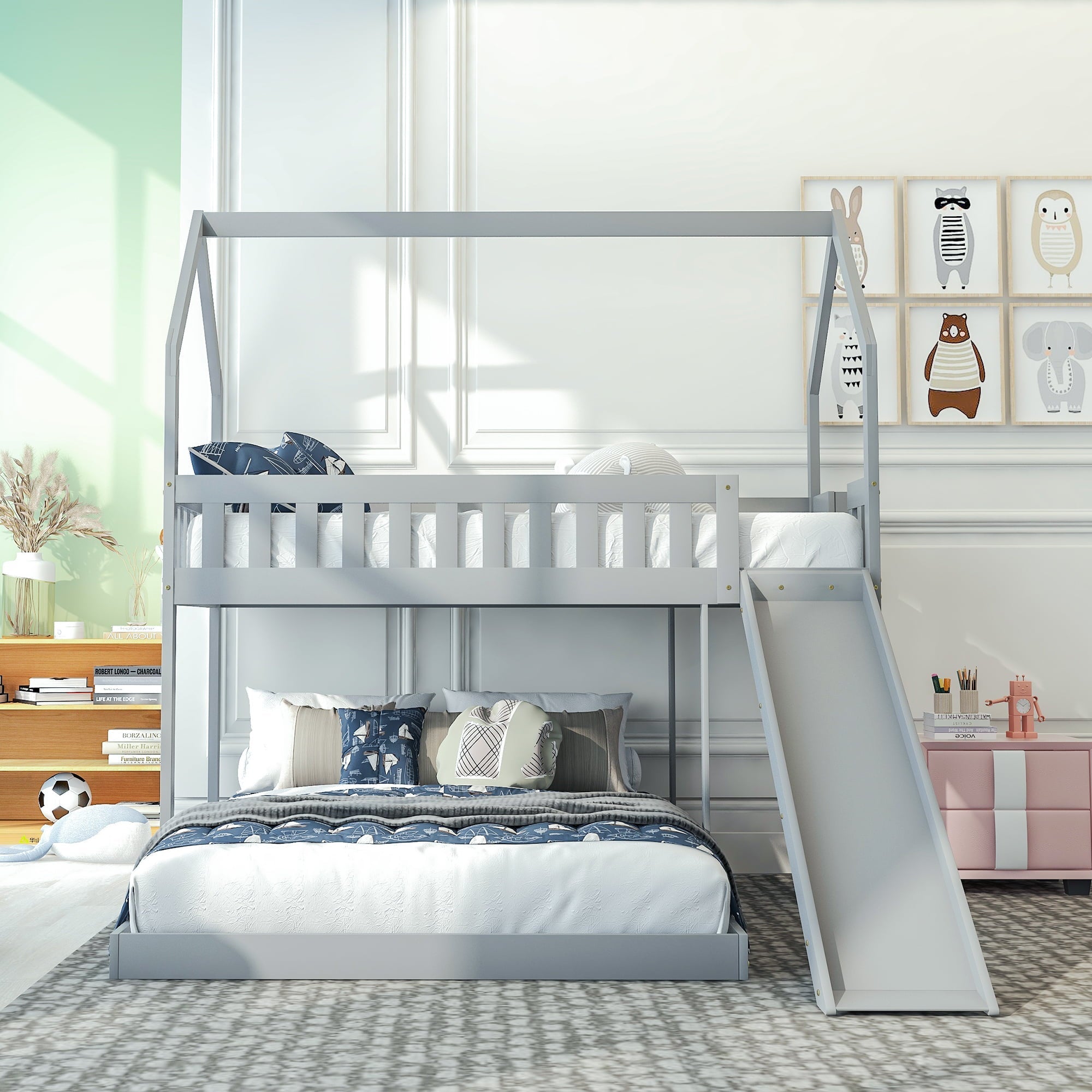 Modern Wood Twin over Full House Bunk Bed for Kids Bedroom, Gray