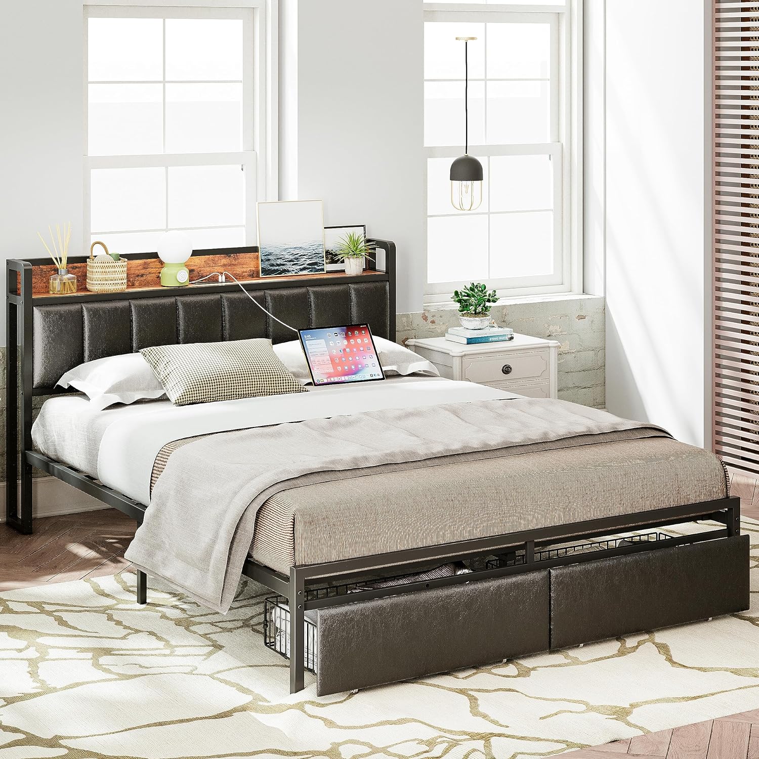 Platform Bed Frame with Storage Headboard, Charging Station, Drawers