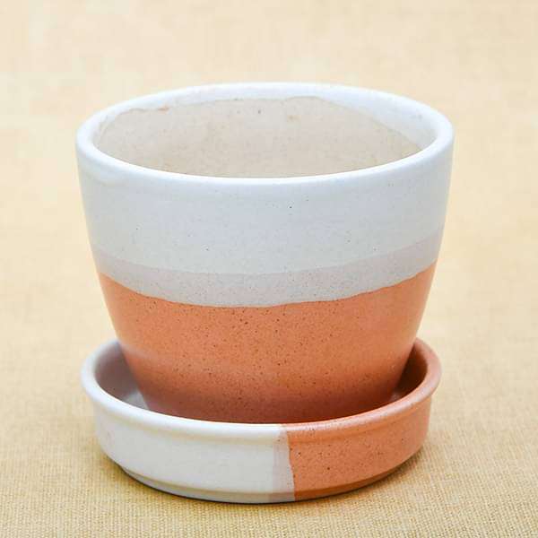 3.7 inch (9 cm) CP005 Round Egg Ceramic Pot With Plate (White, Light Peach) (set of 2)