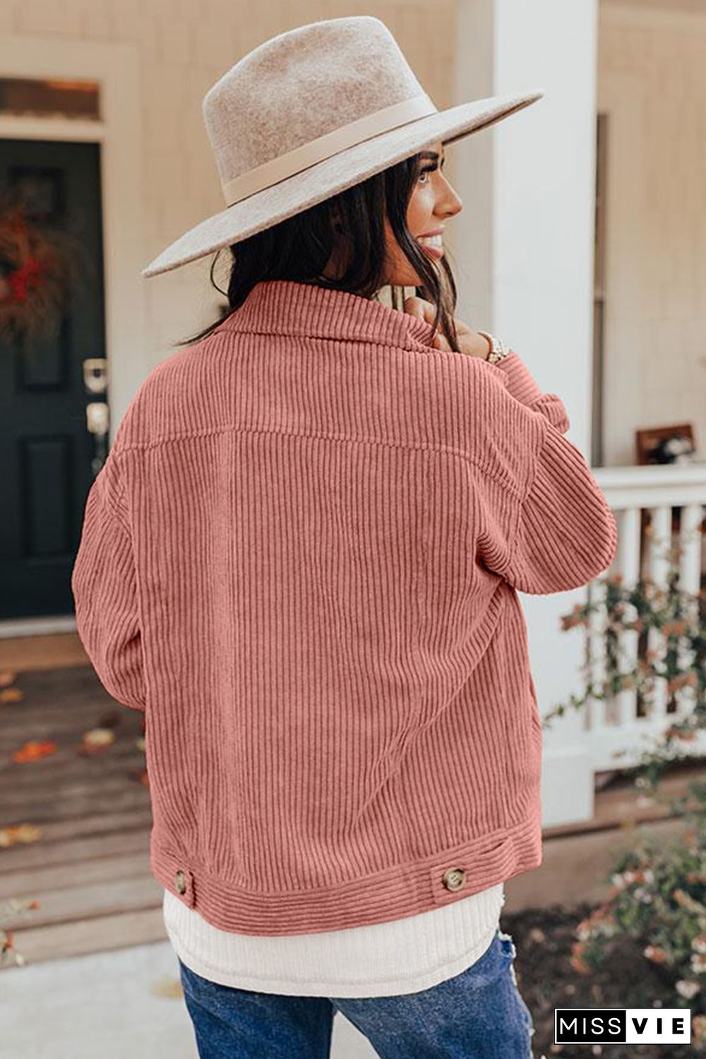 Pink Ribbed Corduroy Long Sleeve Jacket with Pocket