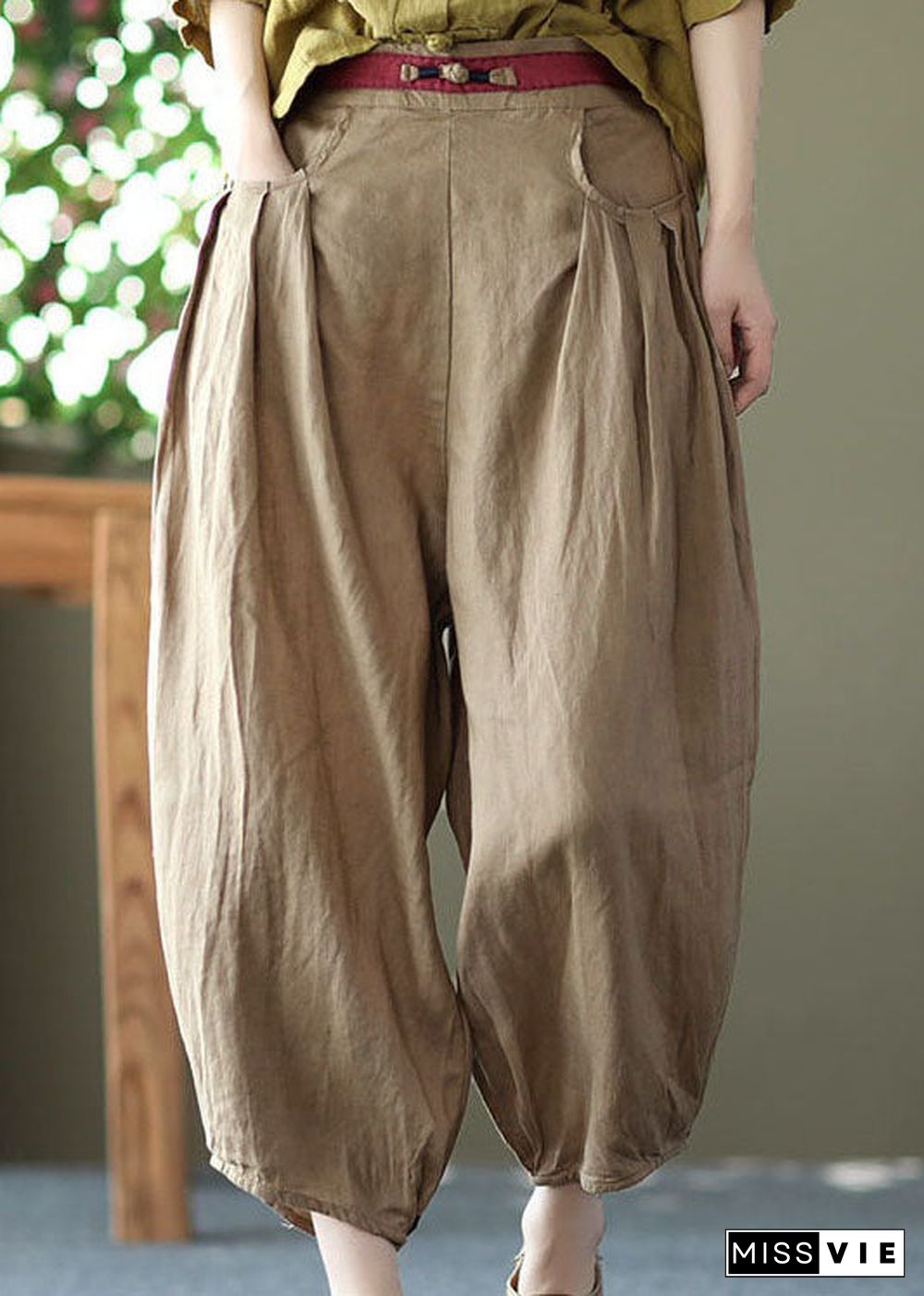 Khaki Pockets Patchwork Linen Crop Pants Elastic Waist Summer