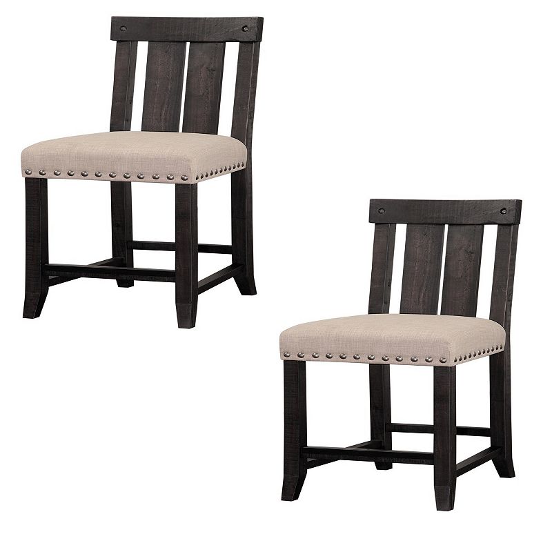 Wooden Counter Height Stool with Fabric Upholstered Seat and Slat Style Back，Set of 2， Black and Beige