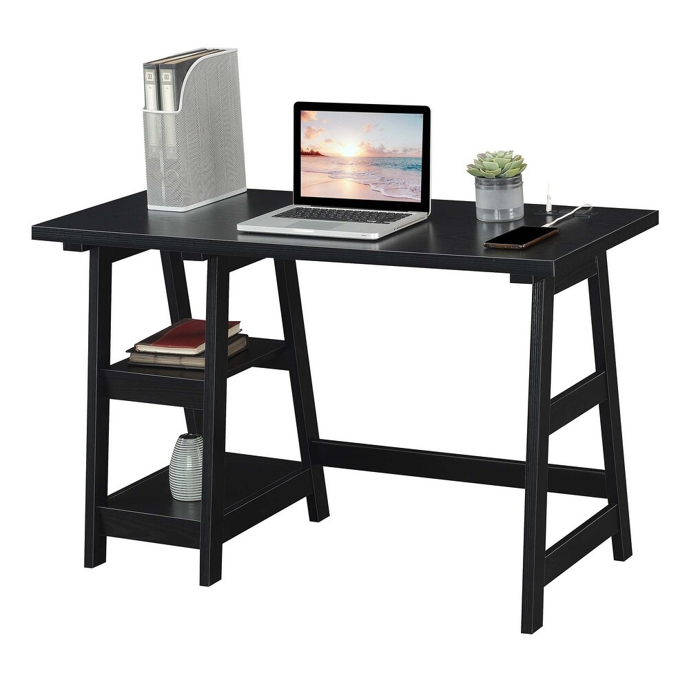 Convenience Concepts Designs2Go Trestle Desk with Charging Station and Shelves