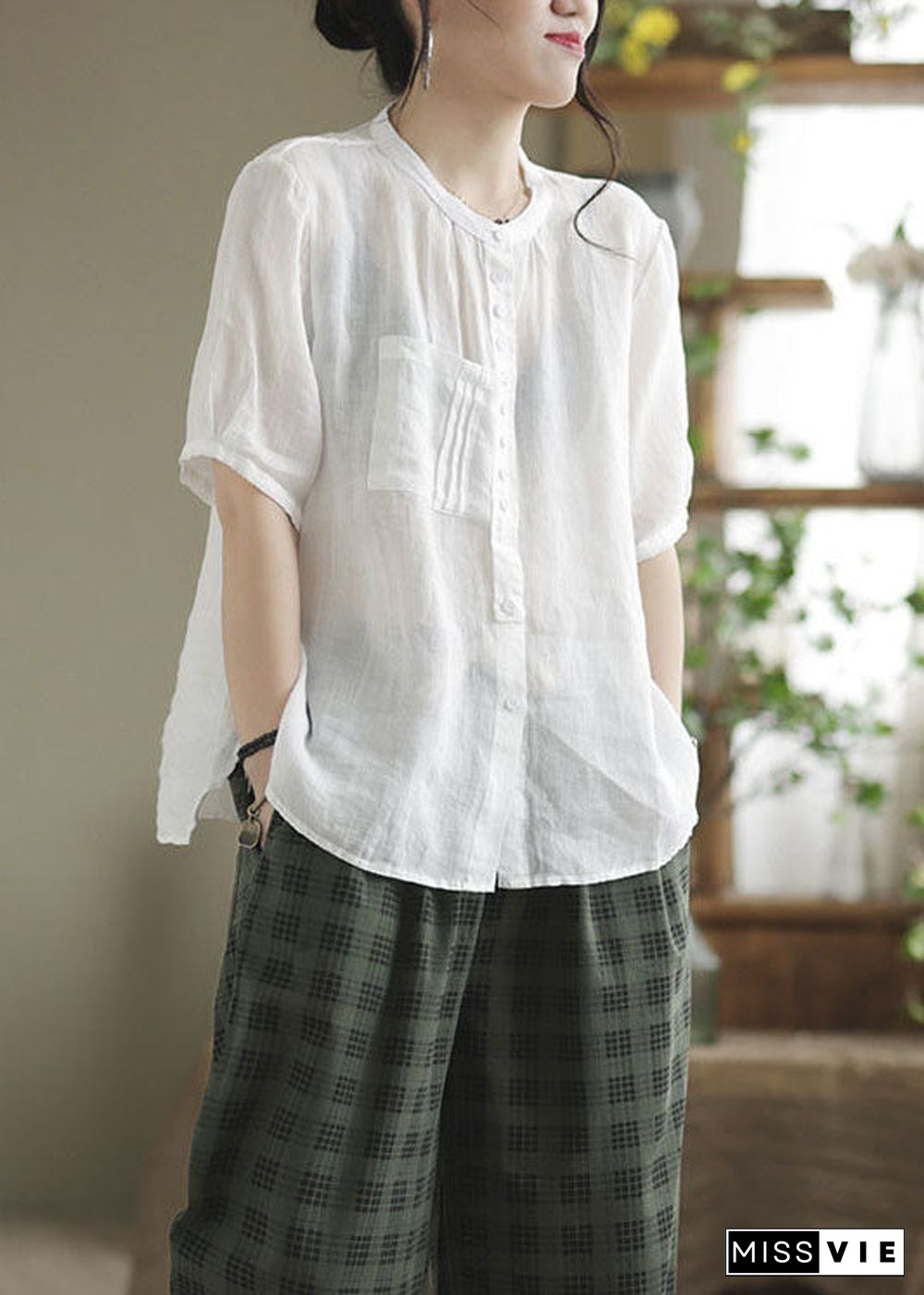 Simple White Pockets Button Patchwork Linen Shirt Top Short Sleeve