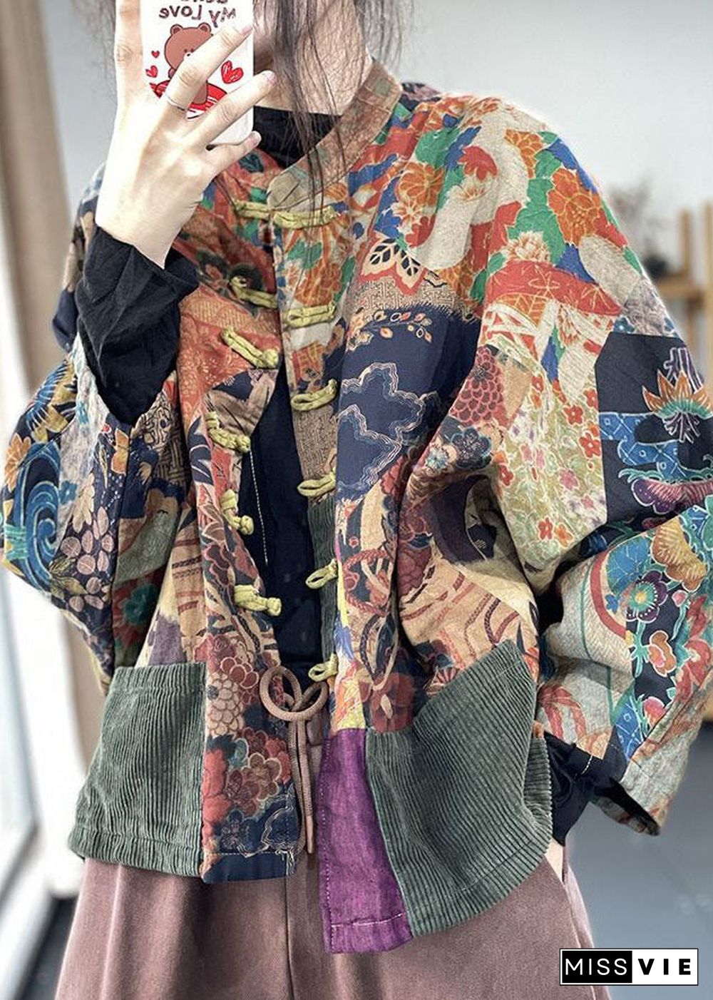 Classy Colorblock Oversized Patchwork Print Fine Cotton Filled Jacket Batwing Sleeve