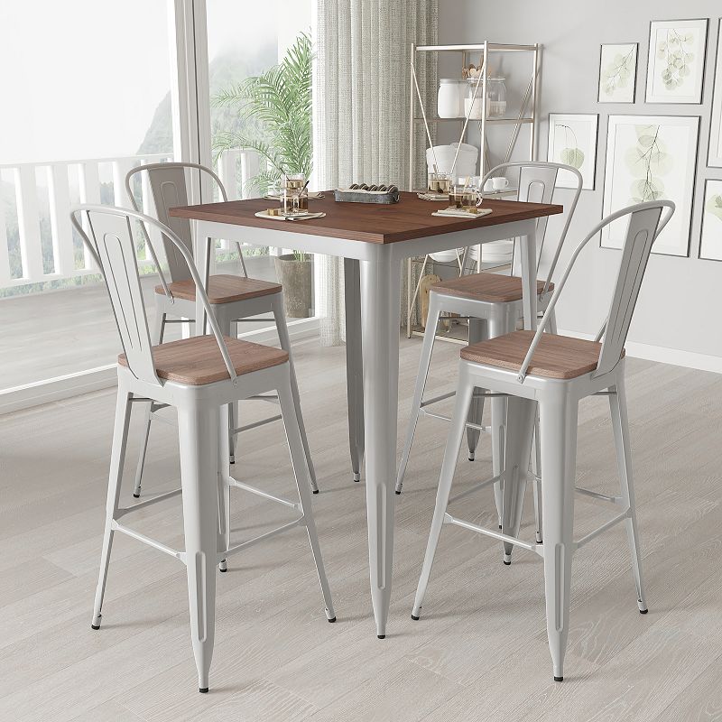 Merrick Lane 5 Piece Indoor Metal Bar Height Table Set， 31.5 Square Silver Table with Wood Top and 4 Vertical Slat Back Stools with Wood seats