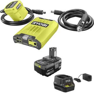 RYOBI ONE Plus 18-Volt 120-Watt 12-Volt Automotive Power Inverter with Dual USB Ports - 4.0 Ah Battery and Charger RYi120A-BK