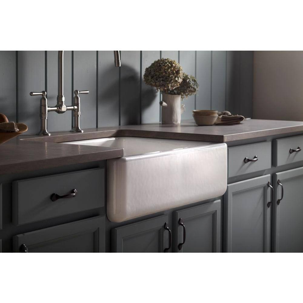 KOHLER Whitehaven Farmhouse Apron Front Cast Iron 30 in. Single Bowl Kitchen Sink in White with Basin Racks K-6487-0-6638-ST